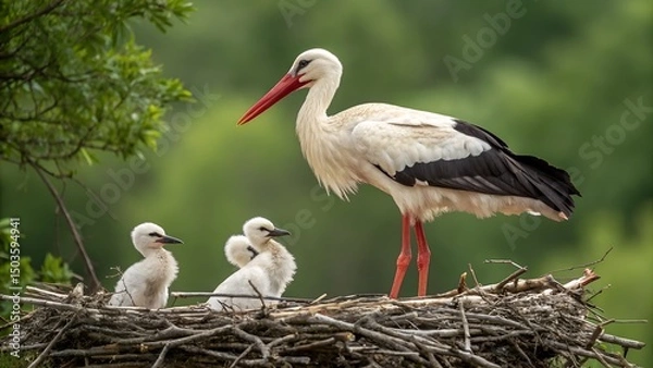 Fototapeta a family of storks in a nest. The layout is horizontal, capturing three storks an adult and two chicks. The adult stork stands tall with predominantly white plumage, black wing tips, and a long, brigh