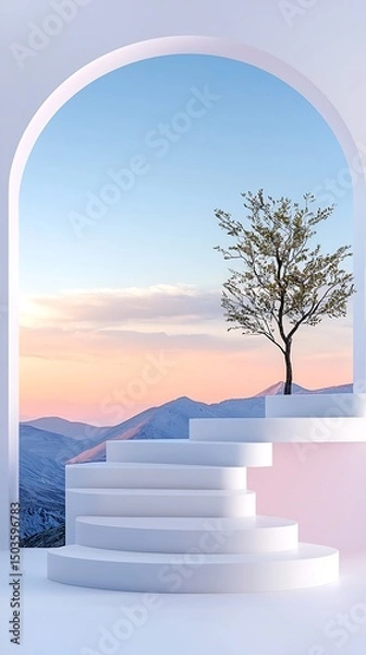 Obraz Pastel Pink and White 3D Staircase with Tree Silhouette and Mountain Sunset View