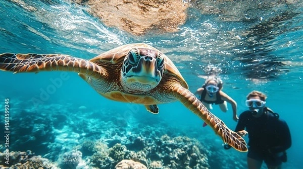 Fototapeta A happy family of three snorkeling in the Maldives