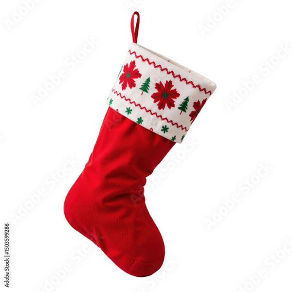 Fototapeta Handmade christmas red stocking with festive pattern, unique holiday decoration, festive season, winter wonderland, bright red fabric..