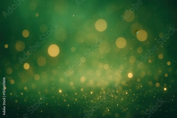 Fototapeta A dreamy green background filled with soft golden bokeh lights, creating a peaceful, sparkling atmosphere perfect for festive themes
