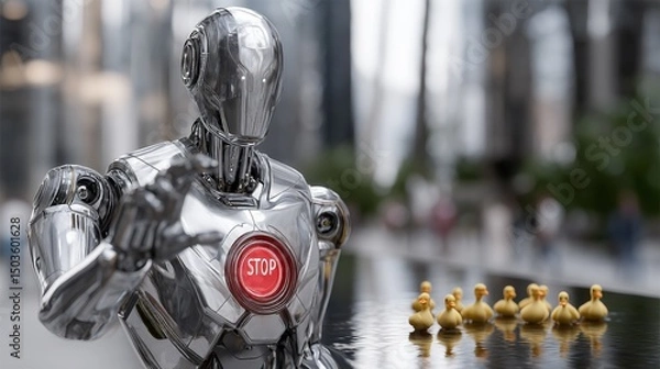 Fototapeta Chrome robot pushing red stop button, repelling rubber ducks drifting across urban waterscape, merging technological whimsy with unexpected visual narrative