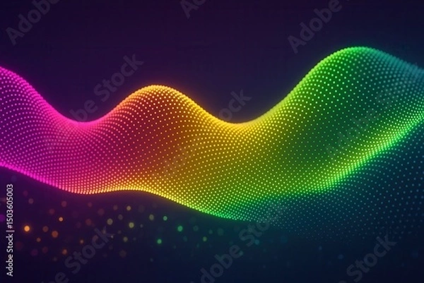 Fototapeta A vibrant, flowing wave of multicolored glowing dots in pink, yellow, and green, creating a dynamic digital effect