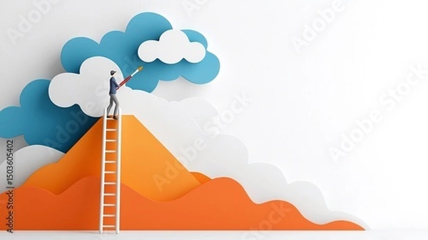 Obraz Person Climbing Ladder to Paint Clouds on Orange Paper Mountains