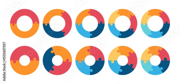 Fototapeta Colorful puzzle circle stages. Diagram infographic set. Circle vector 2, 3, 4, 5, 6, parts. Process and segmented concept	