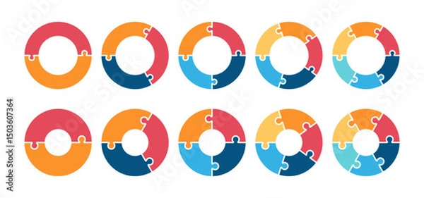 Fototapeta Colorful puzzle circle stages. Diagram infographic set. Circle vector 2, 3, 4, 5, 6, parts. Process and segmented concept	