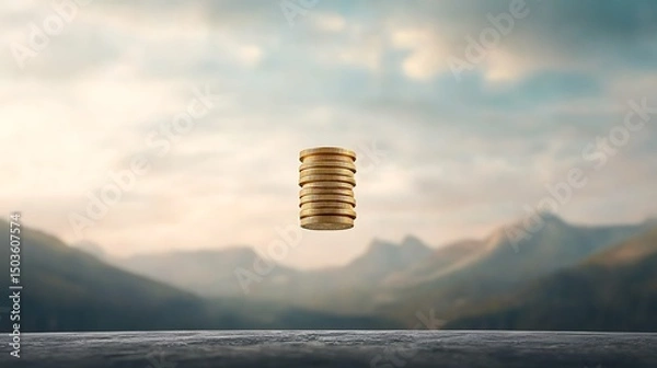 Fototapeta Golden Coins Floating with Mountain View.