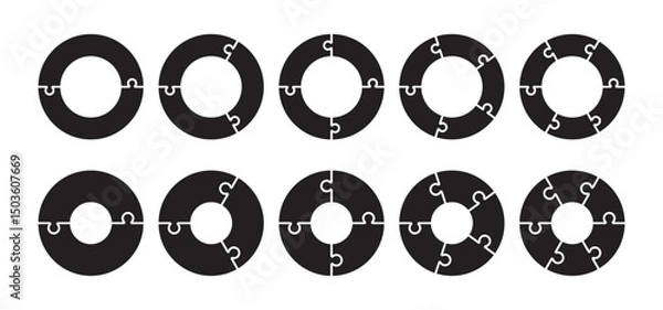 Fototapeta Black puzzle circle stages. Diagram infographic set. Circle vector 2, 3, 4, 5, 6, parts. Process and segmented concept	