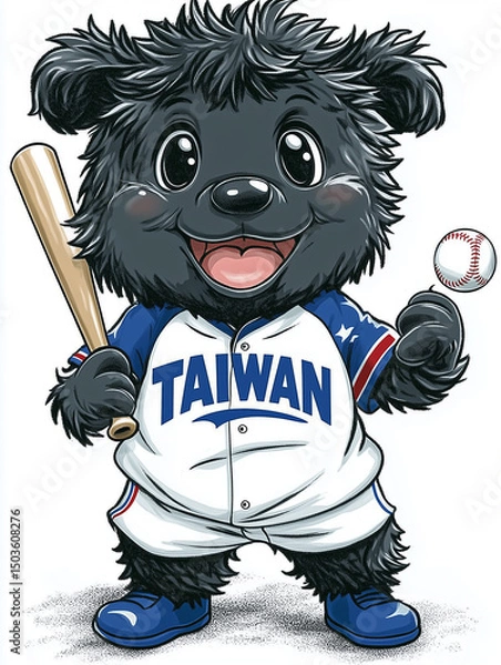 Obraz a cartoon version of a Formosan black bear with Taiwan sport team, simple lines, resembling a baseball team mascot. The bear has a round, chubby body and a cute, smiling expression. 