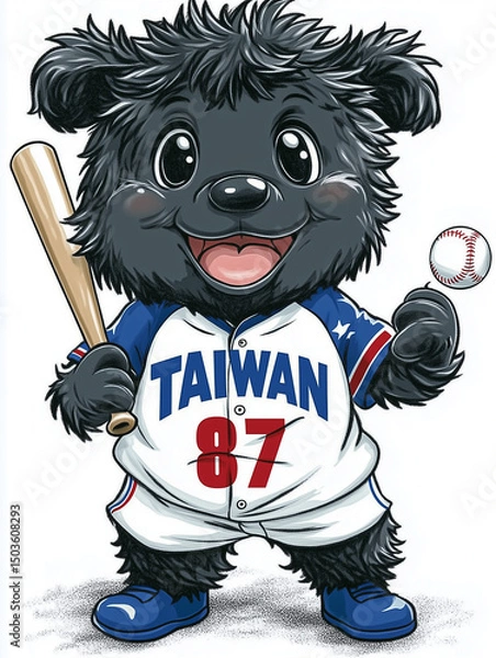 Fototapeta a cartoon version of a Formosan black bear with Taiwan sport team, simple lines, resembling a baseball team mascot. The bear has a round, chubby body and a cute, smiling expression. 