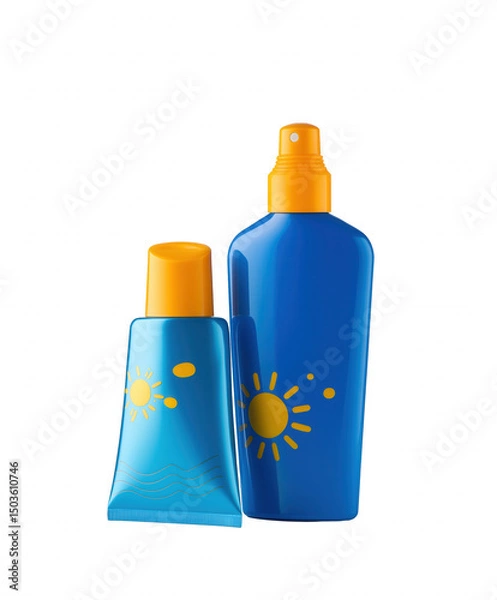 Fototapeta Two sunscreen products with transparent background, blue body, orange cap, and yellow sun design