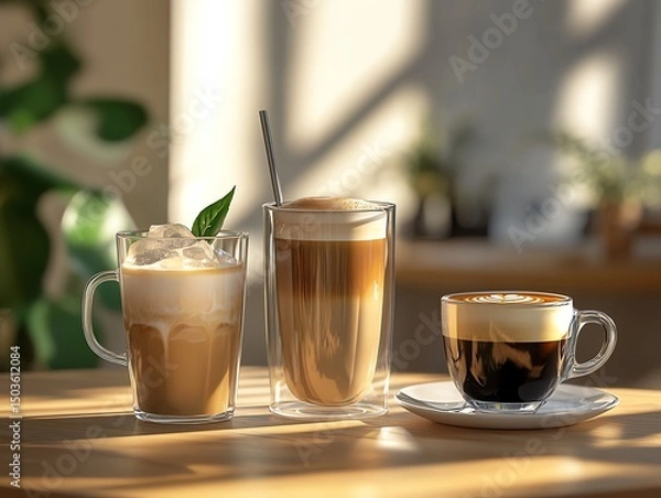 Fototapeta A table with 3 different coffees one ice coffee