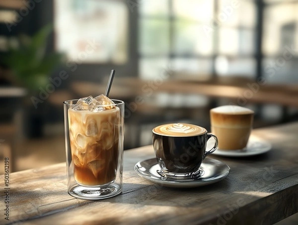 Fototapeta A table with 3 different coffees one ice coffee