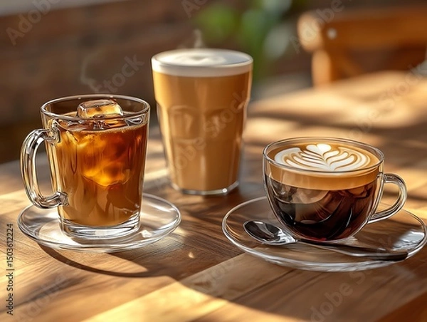 Fototapeta A table with 3 different coffees one ice coffee