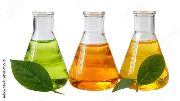 Obraz Three erlenmeyer flasks with colored liquids isolated on transparent background