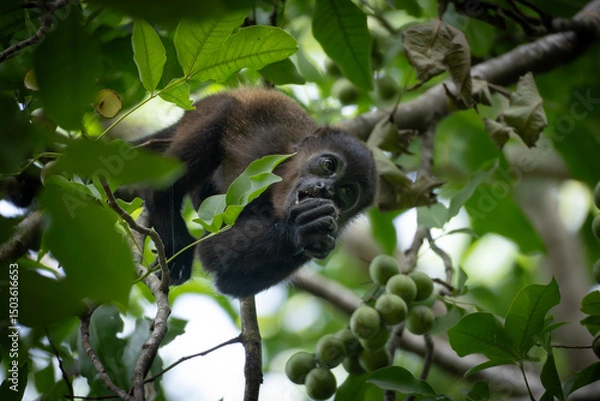 Obraz Baby howler monkey eating fruits