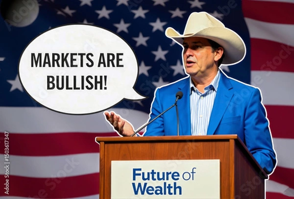 Fototapeta A innovator in a blue jacket, wearing a cowboy hat, speaking at a podium labeled "Future of Wealth," set against a U.S. flag with a speech bubble proclaiming "Markets are Bullish!"