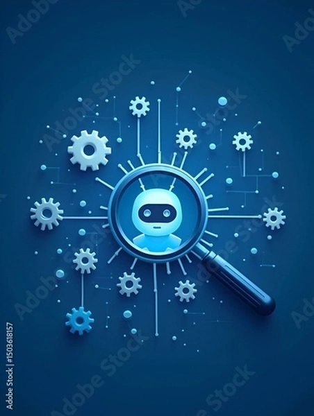Obraz Management tools and development technology support powered by AI, illustrated by a chatbot icon through a magnifying glass, surrounded by several gears and cogwheels on a blue network background