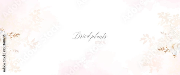 Fototapeta Flower and dried plants vector design frame. Wedding watercolor flowers. Dried leaves, fern, peony, pink watercolor texture card. Simple classy banner template. All elements are isolated and editable