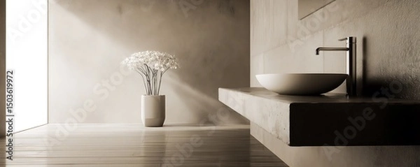 Obraz 세련된 조명과 콘크리트 질감의 모던 욕실 인테리어 AI 생성