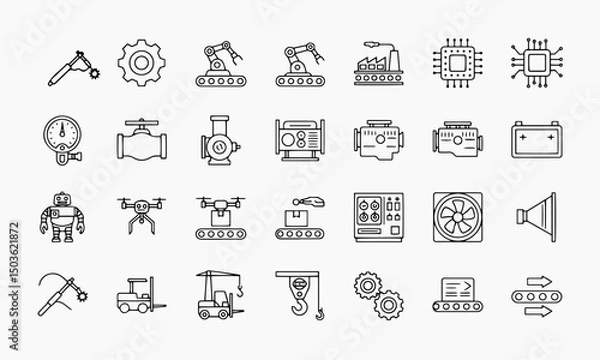 Fototapeta A comprehensive set of thin outline vector icons representing various aspects of robotics, industrial automation, manufacturing, electronics, and mechanical engineering