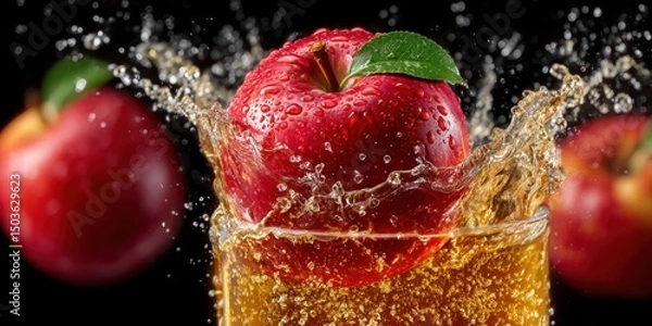 Fototapeta Fresh Ripe Apple, Sliced Fruit, and Splash of Apple Cider Vinegar in 3D Render