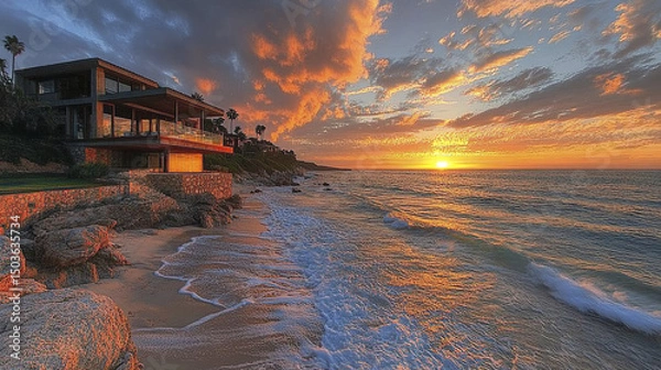 Fototapeta stunning oceanfront property at sunset, showcasing vibrant colors and serene waves
