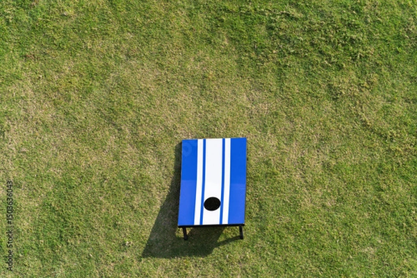 Obraz Cornhole game set on green grass. Aerial high angle view