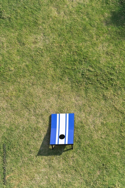 Obraz Cornhole game set on green grass. Aerial high angle view