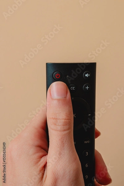 Fototapeta Power button. Human pressing the power button. Equipment control