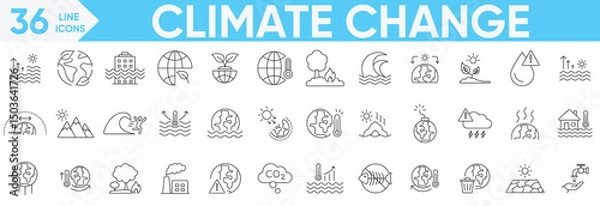 Fototapeta Climate Change icon set.global warming, world, greenhouse, drought, warning, no water, greenhouse, melting ice, earth pollution, disaster and more.Vector and illustrator set.