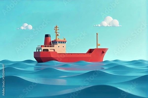 Fototapeta Low-poly oil ship on a stylized ocean, flat shading and simple geometric waves, minimalist design