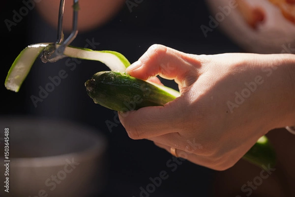 Fototapeta The Moment of Slicing a Cucumber