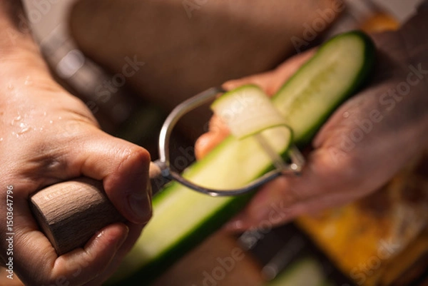 Fototapeta Detailed View of Slicing a Cucumber