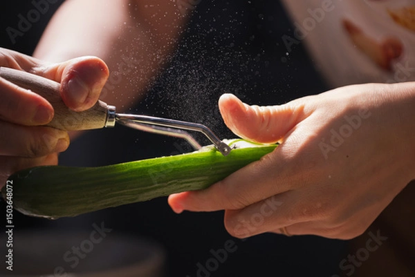 Fototapeta The Moment of Slicing a Cucumber