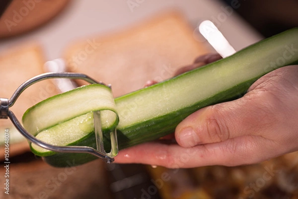 Fototapeta Slicing a Cucumber with a Peeler