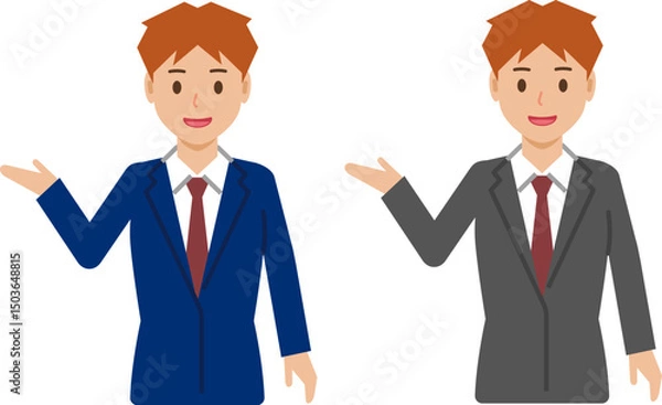 Fototapeta 「こちらへ」と笑顔のショートヘアの若い男性。スーツ姿の上半身