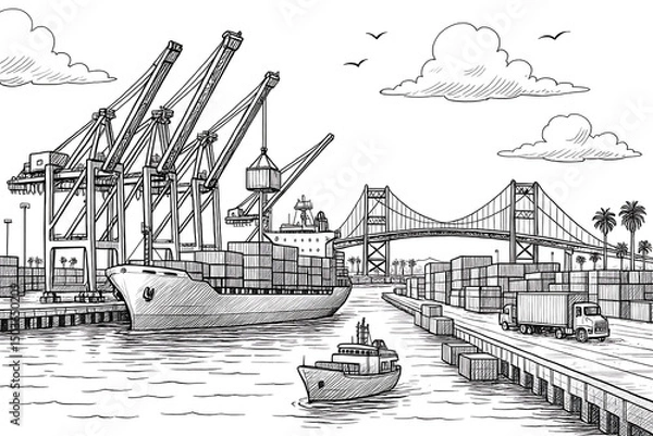 Obraz A bridge spans the river in the industrial city harbor with a cargo ship and cranes under the sky