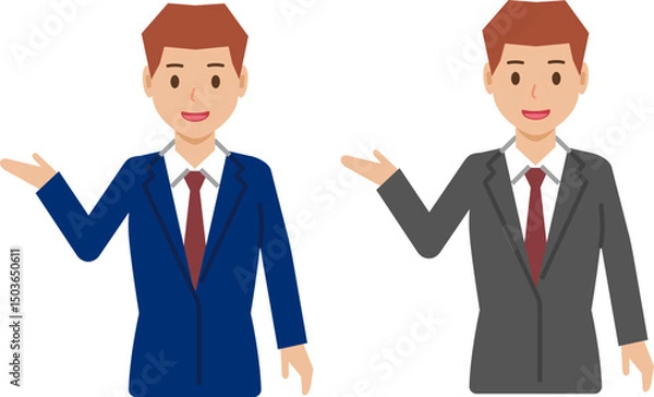 Fototapeta 「こちらへ」と笑顔のベリーショートの若い男性。スーツ姿の上半身