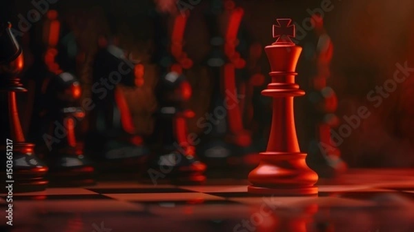 Fototapeta A close-up view of a vibrant red chess king standing 