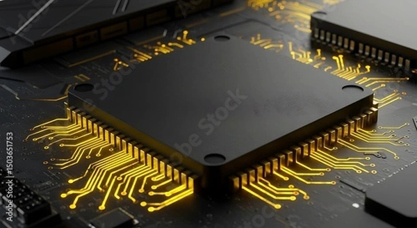 Fototapeta Close-up of a digital electronic circuit board with computer components, microchips, and processor hardware