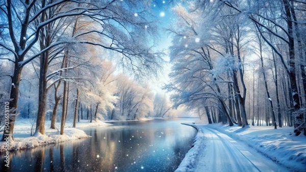 Fototapeta A serene snow-covered forest road with bare trees and frozen lake in the background, surrounded by snowflakes gently falling from the sky, icy terrain, forest road