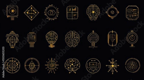 Obraz Golden Futuristic Tech Icons: A Collection of Abstract Symbols