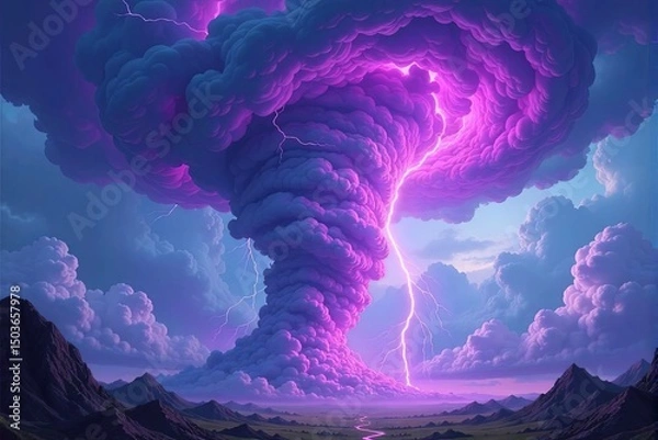 Fototapeta Fantasy realm tornado with magical energy swirling in its core, purple lightning and glowing storm clouds, surreal elemental storm design