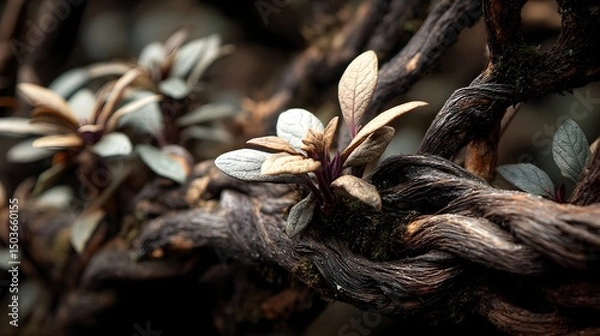 Fototapeta Delicate silver-grey leaves sprout from dark gnarled wood in a moody close-up nature scene showcasing intricate textures and details.