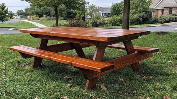 Obraz Newly stained picnic table on a green lawn