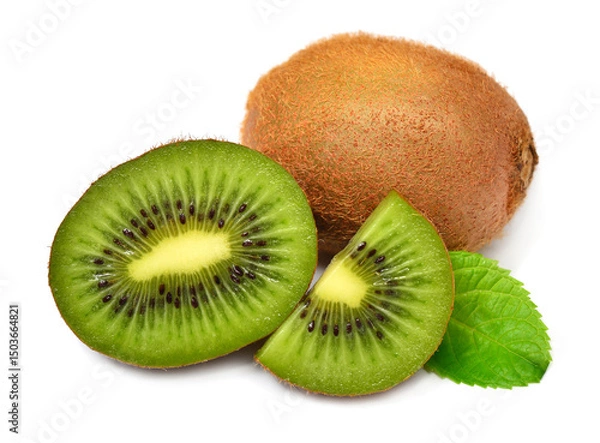 Fototapeta Ripe kiwi fruit whole and sliced with leaf isolated on white background