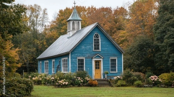 Obraz Tranquil Blue Church in Autumnal Setting
