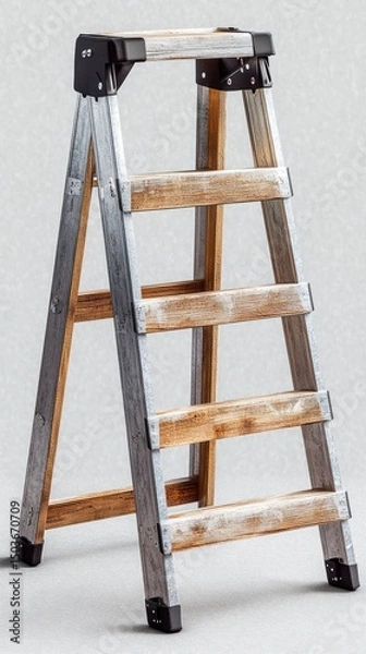 Obraz Rustic Wooden Step Ladder with Grey Metal Accents: A Sturdy and Stylish Tool for Home Improvement Projects
