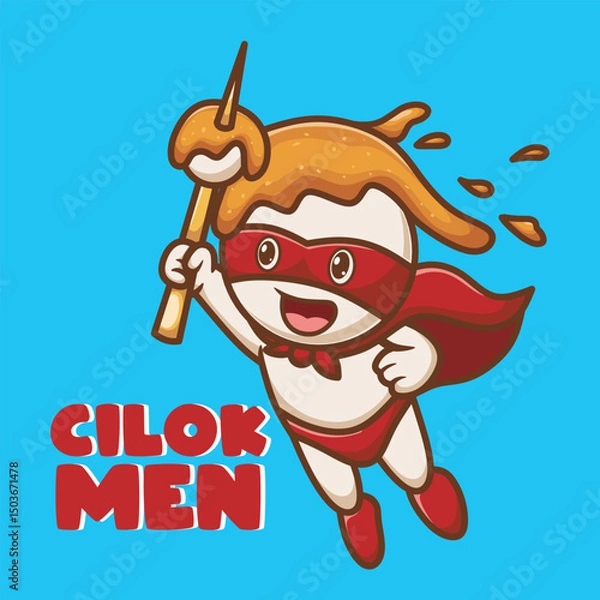 Obraz Cute superhero cilok character flying with a cilok skewer. A fun and energetic design combining food and heroic action.